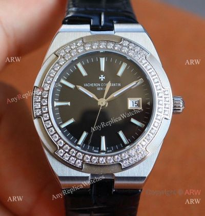 AAA Swiss Faux Vacheron Constantin Overseas Small Ladies 33 mm Watch Black Diamond Dial